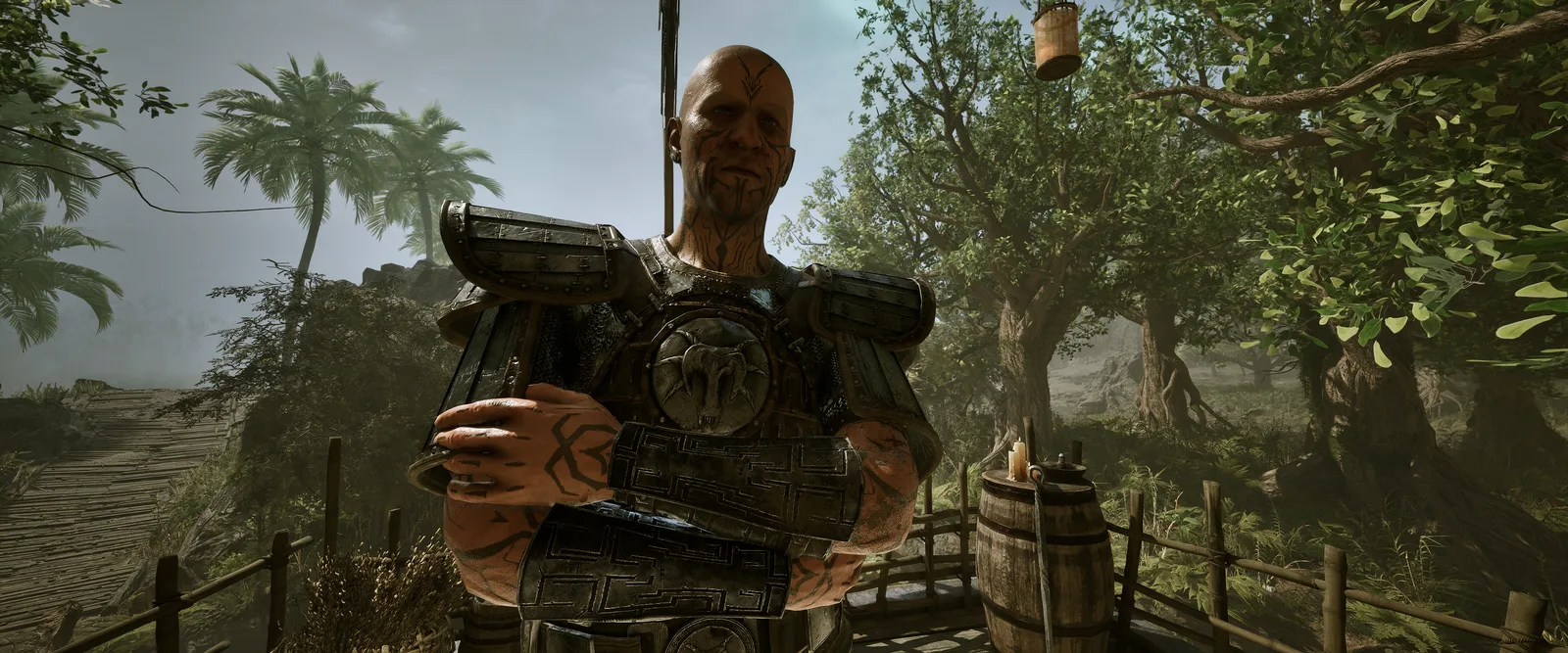 Ein Templer in Rüstung im Sumpflager, im Hintergrund Palmen und Baumriesen, Gothic 1 Remake