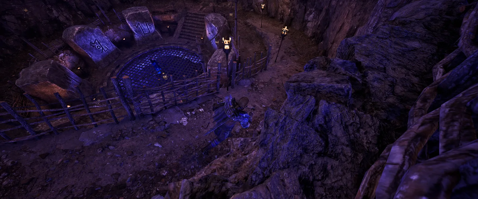 Die vergitterte, blau leuchtende Grube des Erzhaufens im Neuen Lager, Gothic 1 Remake